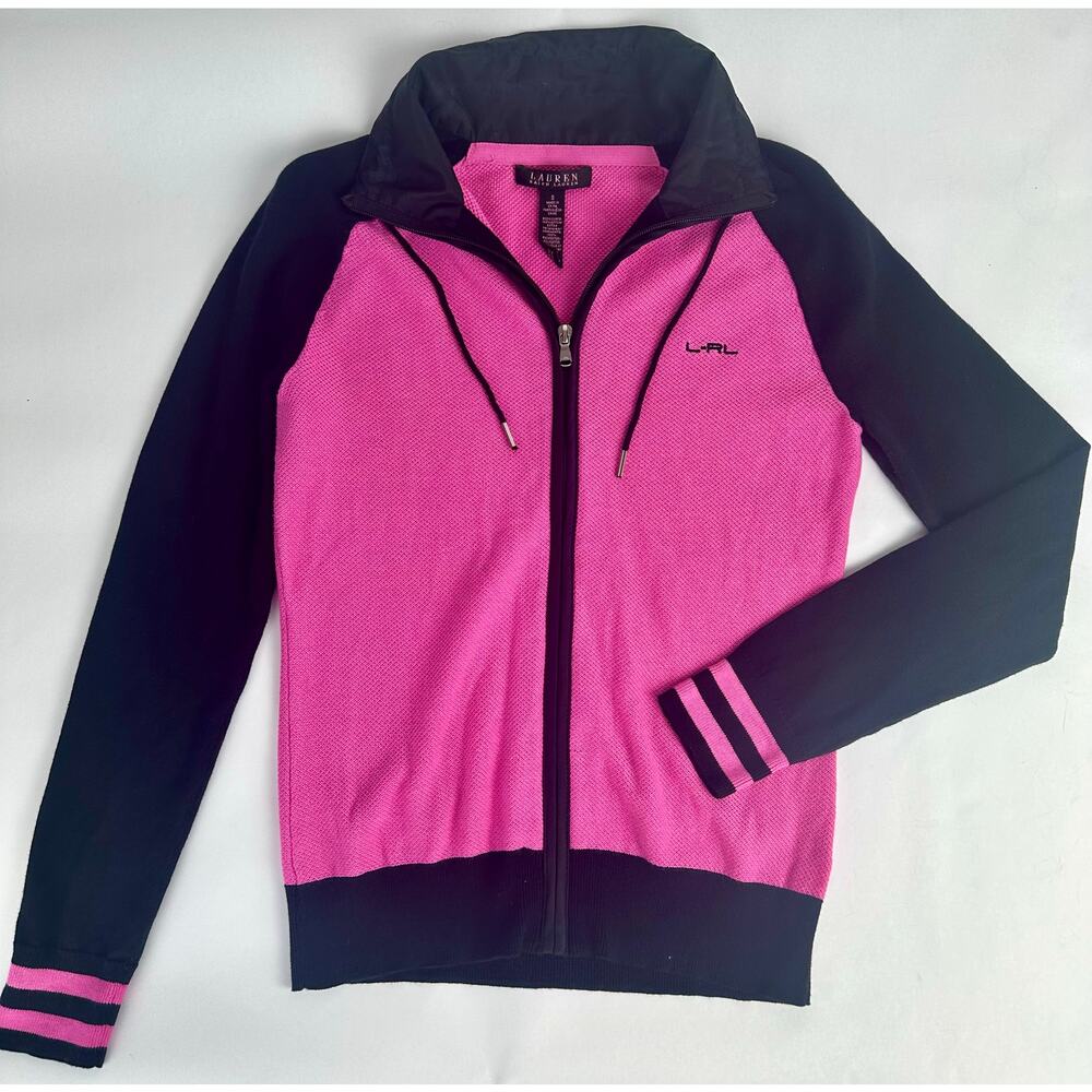 Lauren Ralph Lauren LRL Size Small Pink Black Cotton Knit Mesh Zip Track Jacket